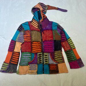 Multi-color Boho Patchwork Zip-up Hoodie with Pouch Pocket